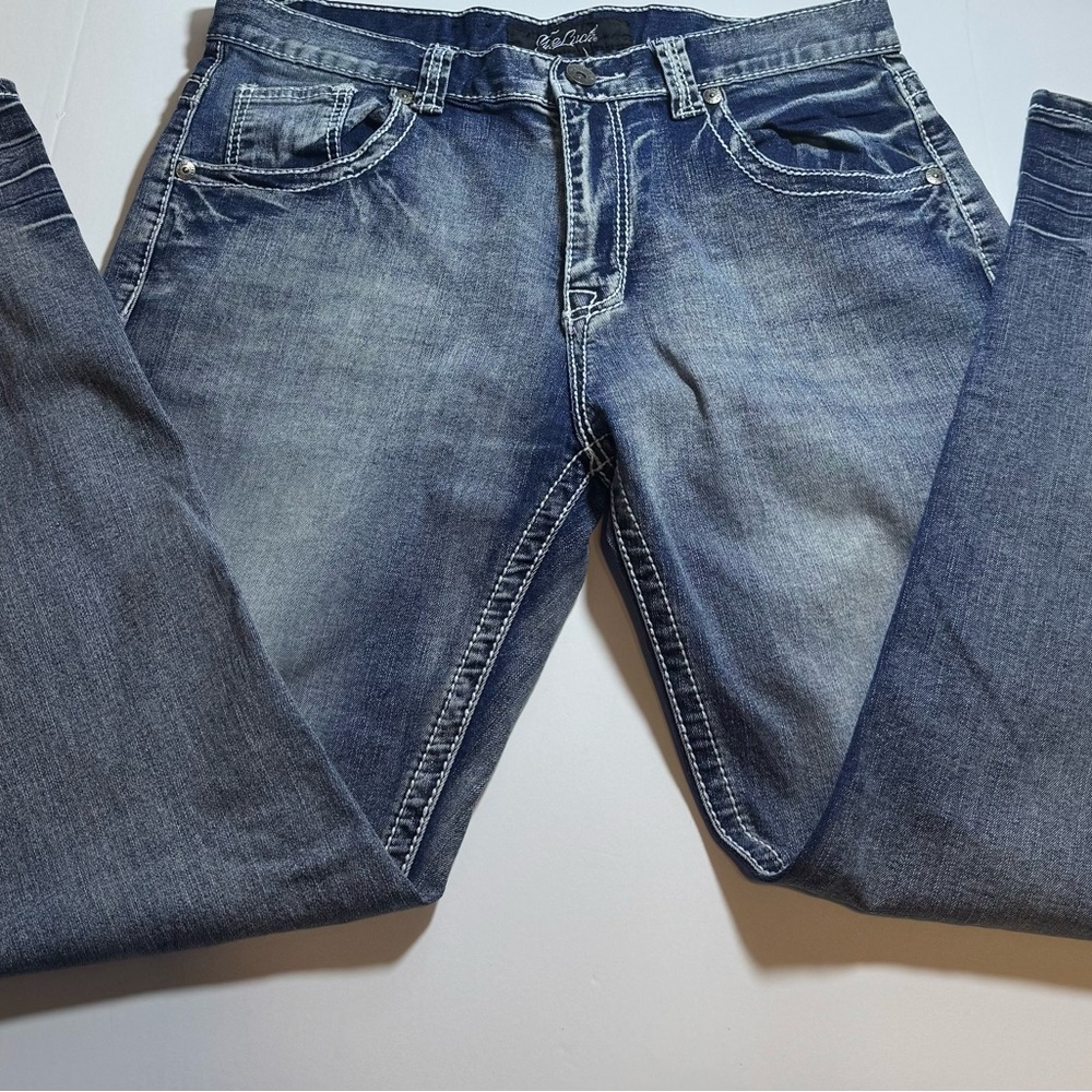 True Luck Mens Straight Leg Jeans 34x30 Medium Wash Blue Contrast‎ Stitching